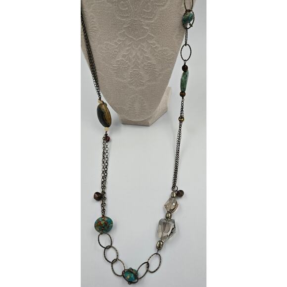 Long Boho Necklace with Various Beads Including Faux Turquoise and Faux Amber - Picture 3 of 15